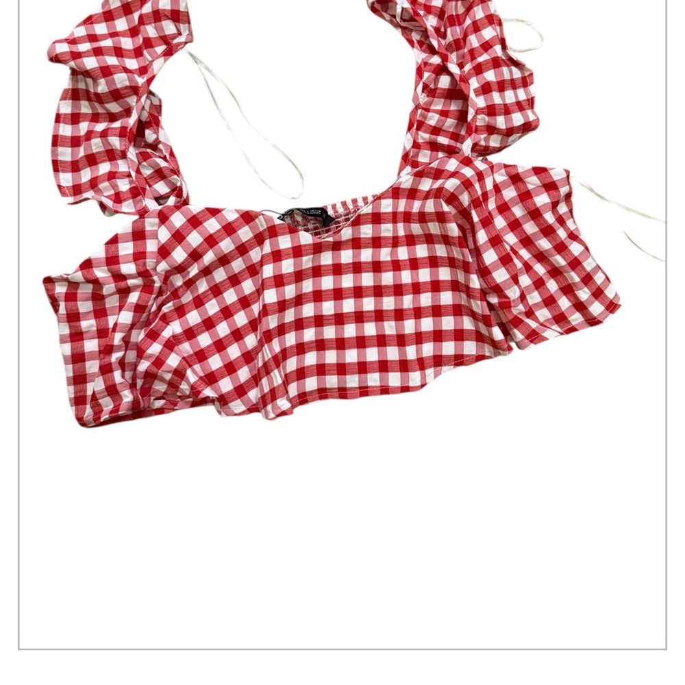 Zara Red Gingham Ruffle Crop Top - Picture 2 of 11